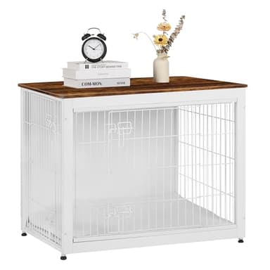 DWANTON Dog Crate Furniture with Cushion, Wooden Kennel Table with Double Doors, Indoor Dog House, Large Size, 38.5" L, White+Rustic Brown - Image 9