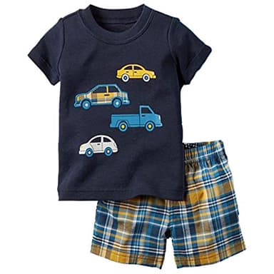 Funnymore Boy Summer Clothes,Navy Truck Short Sleeve T-Shirt and Short Outfit Set Size 7 - Image 1