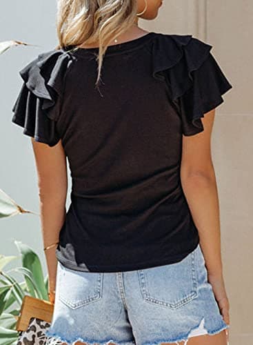 SHEWIN Summer Tops for Women Casual Short Ruffle Sleeve Tshirts Shirts for Women 2025 Black L - Image 3