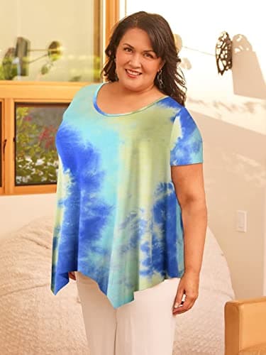 LARACE Tie Dye Shirt Women Casual Tops Plus Size V Neck Blouses Short Sleeve Summer Clothes Flowy Asymmetrical Tee(T04-Blue 1X) - Image 7