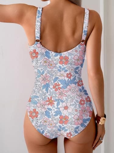 Aidonger One Piece Swimsuit Tummy Control Bathing Suit for Women Ruched Slimming Swim Suit Modest Push Up Swimwear Orange Floral - Image 3