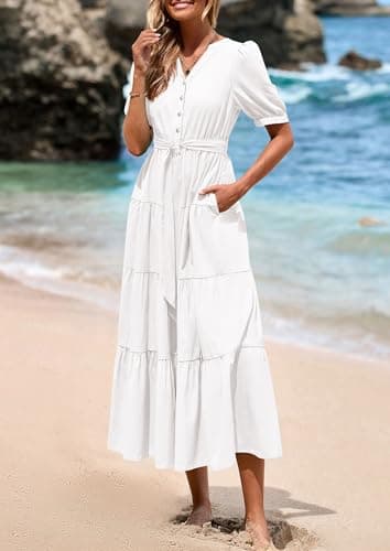 PRETTYGARDEN Summer Dresses for Women 2025 Elegant Classy Short Sleeve V Neck Ruffle A Line Belted Long Beach Vacation Dress (White,Small) - Image 4