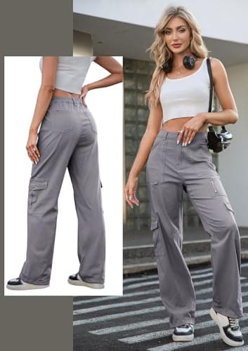 IVIR High Waisted Cargo Pants Women Adjustable Waist Wide Leg Casual Pants Combat Military Trouser Grey XS - Image 4