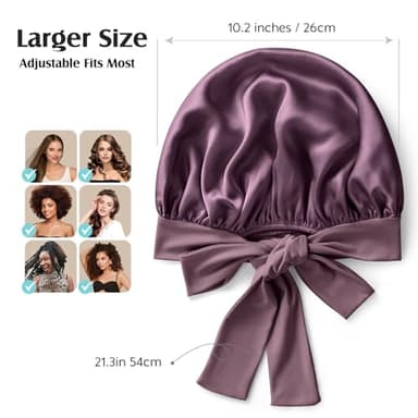 YFONG 100% 22 Momme Mulberry Silk Bonnet for Sleeping Women, Larger Double Layer Silk Hair Wrap for Curly Short Long Hair, Non-Slip Sleep Cap Turban with Elastic Tie Band for Hair Care, Purple - Image 5