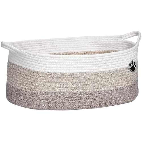 Optish Dog Toy Basket, Toy Box and Bin for Dog Cat Storage, 19.7" X 11" X 7.9" (30L) Large Woven Rope Basket for Blanket Storage, Living Room, Bedroom, White & Brown - Image 1