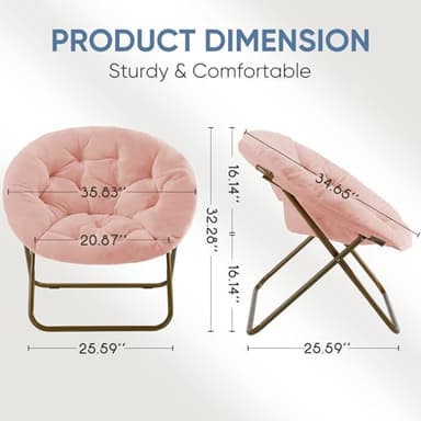 DUMOS Comfy Saucer Chairs Cozy Faux Fur Soft Lounge Cute Folding Bedroom Living Room Seat Flexible Reading Foldable Seating for Kids Adults Thick Padded Metal Frame Modern for Home Office Pink - Image 3
