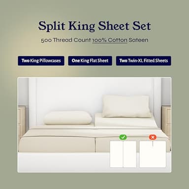 California Design Den Split King Size Sheet Set –100% Cotton, 500 Thread Count Sateen, Cooling Deep Pocket Bedding for Adjustable Beds, Includes Twin XL Fitted Sheets & Pillowcases –Ivory (Beige Tone) - Image 2