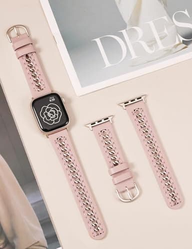 Minyee Leather Band Compatible with Apple Watch Bands 38/40/41/42mm Women, Dressy Leather Strap with Stainless Steel Metal Chain for iWatch Series 11 10 9 8 7 6 5 4 SE/Ultra 3 2 1, Pink/Starlight - Image 2