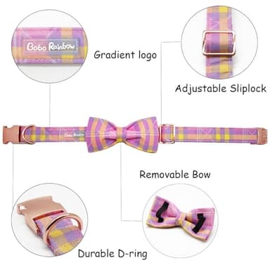 Bobo Rainbow Girl Dog Collar, Pink Plaid Adjustable Dog Bow Collar Girl Pet Collar Bowtie Duarble Dog Collars for Small Medium Large Dog - Image 2