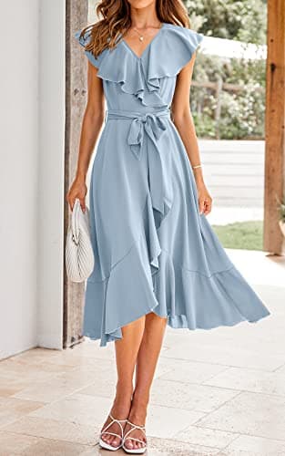 PRETTYGARDEN Women's Summer Cross Maxi Dress Casual Boho Deep V Neck Short Sleeve Ruffle Hem Split Beach Long Dresses (Light Blue,X-Large) - Image 2