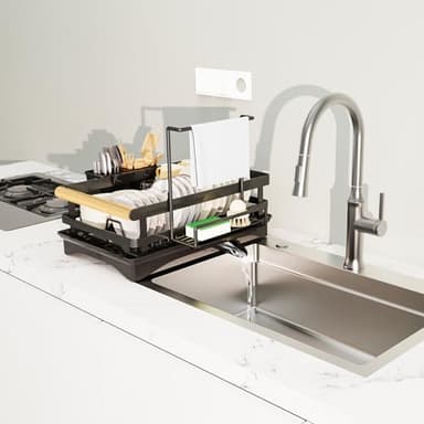 Yawinhe Dish Racks for Kitchen Counter, Space-Saving Drainers with Removable Utensil Holder, Drainboard and Spout, for Knives, Spoons, and Forks, Black - Image 2
