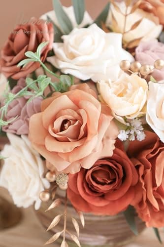 Floroom Terracotta Artificial Flowers Burnt Orange Fake Roses Peonies Dahlia Greenery Combo Box Set for DIY Wedding Bouquets Bridal Shower Centerpieces Floral Arrangements Party Tables Home Decoration - Image 5