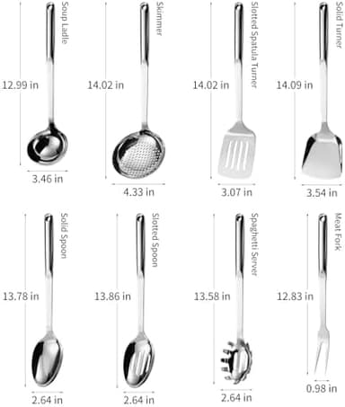 304 Stainless Steel Cooking Utensils Set, 8PCS Kitchen Utensils Set, Include Skimmer, Soup Ladle, Spaghetti Server, Wok Spatula, Slotted Spoon, Solid Spoon, Slotted Spatula Turner & Meat Fork - Image 5