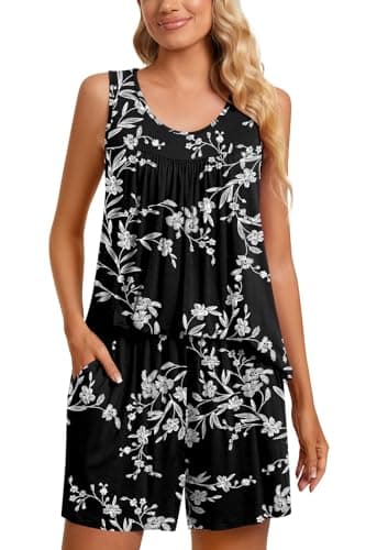 TAOHUADAO Womens Summer 2 Piece Pajama Sets, Sleeveless Pleated Tunic Tops with Comfy Shorts, Lounge Sleepwear Ladies Pjs Sets with Pockets 3XL, White Carvings-Black - Image 2