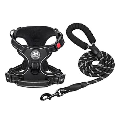 PoyPet Dog Harness and Leash Combo, Escape Proof No Pull Vest Harness, with 5 Feet Leash, Reflective Adjustable Soft Padded Pet Harness with Handle for Small to Large Dogs(Black,L) - Image 1