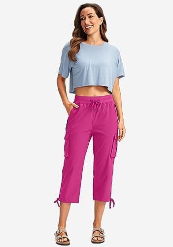 Soothfeel Women's Cargo Capris Pants with 6 Pockets Lightweight Quick Dry Travel Hiking Summer Pants for Women Casual (Rose, 3XL) - Image 5