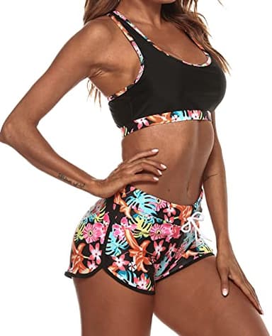 Womens Sport Two Piece Swimsuits Racerback Crop Top Boyshort Bottom（S，Black Print） - Image 3