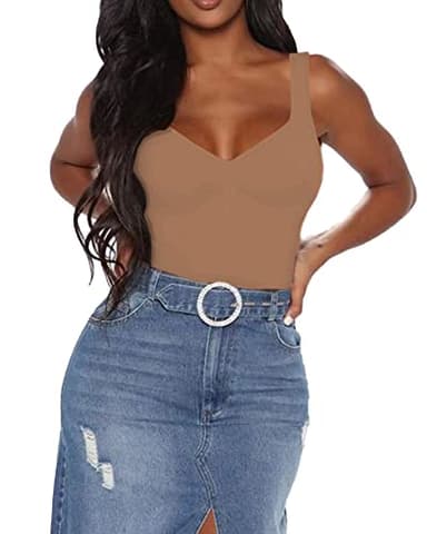 BelleLovin Women's Sweetheart Square V Neck sleeveless Tank Tops Bodysuits (XX-Large, Mocha) - Image 2