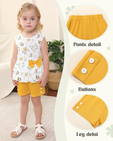 YUEMION Toddler Girl Clothes, 2Pcs Baby Girl Summer Outfits Sleeveless Bow Knot Tank Shirts Tops + Shorts Clothing Sets(Flowers+ Bright yellow, 4-5T) - Image 5