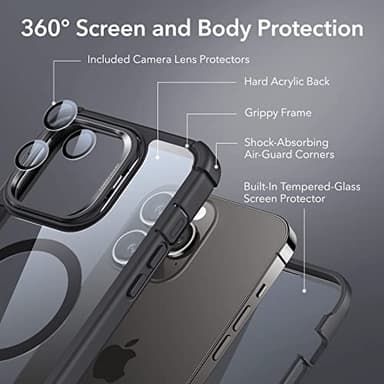 ESR for iPhone 14 Pro Case with Stand, Compatible with MagSafe, Full-Body Military-Grade Drop Proof Case with Built-in 9H+ Tempered Glass Screen Protector, Armor Series, Clear Black - Image 2