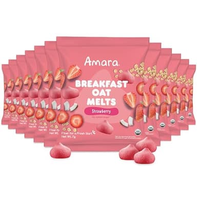 Amara Breakfast Oat Melts - Organic Toddler Snack - Single Serve Fiber-Packed Oat Bites with Real Fruit, No Added Sugar, Quick Dissolving, Strawberry - 12 Pack - Image 1