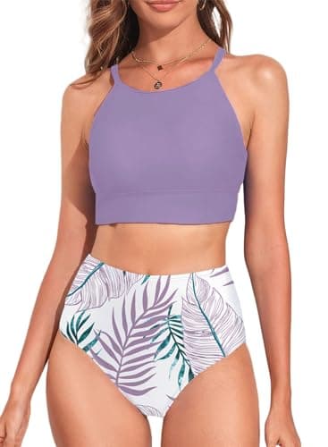 Herseas Women's Bikini Sets Solid High Neck Top Floral Print Bikini Bottom High Rise Two Pieces Swimsuits Cute Teen Tummy Control Purple Bathing Suits Medium - Image 1