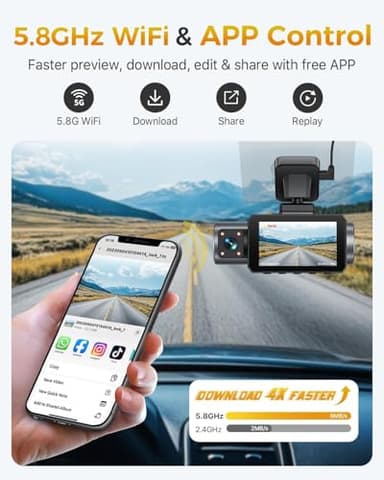 GKU 4K 3 Channel Dash Cam, 5.8GHz WiFi Built-in GPS, 4K+1080P+1080P Dash Cam Front and Rear Inside, 64GB Card Inserted, 24H Park Mode, Triple Car Camera 3 Inch Screen - Image 4