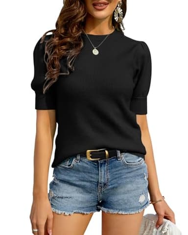 Bodosalia Womens Puff Short Sleeve Sweater Casual Summer Crew Neck Pullover Tops Ribbed Knit Sweater Blouse Black - Image 1