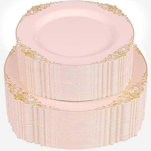 Joyido 102PCS Pink Plastic Plates - Pink and Gold Plate - Heavyweight Disposable Plate with Gold Rim - Fancy Dinner & Dessert Plates for 51 Guests Weddings & Parties - Image 1