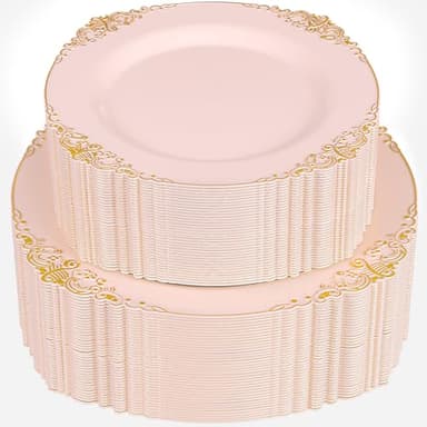 Joyido 102PCS Pink Plastic Plates - Pink and Gold Plate - Heavyweight Disposable Plate with Gold Rim - Fancy Dinner & Dessert Plates for 51 Guests Weddings & Parties - Image 1