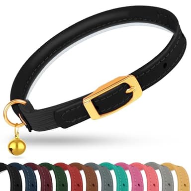 OOPSDOGGY Rolled Leather Cat Collar with Bell - Reflective Kitten Collar with Safety Elastic Strap - Adjustable Small Pet Collars for Boy Girl Cats (Black) - Image 1