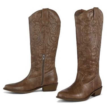 mysoft Women's Cowboy Boots Mid Calf Cowgirl Embroidered Western Pointed Toe Chunky Heel Pull On Knee High Boots - Image 4