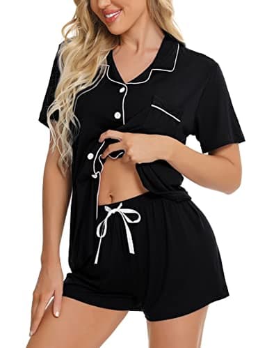 SWOMOG Womens Button Down Pajamas Set Short Sleeve Sleepwear Bride Soft Pj Lounge Sets XS-3XL Black XX-Large - Image 1
