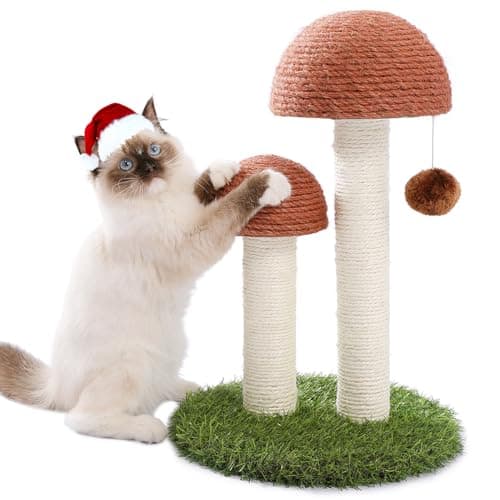 PETEPELA Cat Scratching Post, Mushroom Tall Cat Scratcher Featuring with Natural Sisal Scratching Poles and Interactive Toy Ball for Kittens and Small Cats (Brown) - Image 1