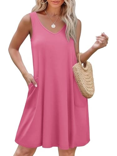 Ekouaer Women's Nightgown Sleeveless Nightshirt V Neck Chemise Soft Night Dress Sleepwear with Pockets Dark Pink - Image 1
