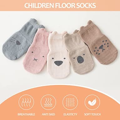 TRUEHAN 5 Pairs Toddler Non Slip Socks with Grips Baby Socks for Kids Girls Boys （5 Pairs Animal A，6-12 months） - Image 3