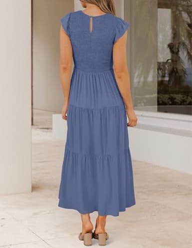 ZESICA Women's 2025 Summer Casual Flutter Short Sleeve Crew Neck Smocked Elastic Waist Tiered Midi Dress,Dusty Blue,Medium - Image 3