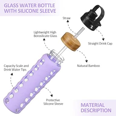 MUKOKO 32oz Glass Water Bottles with 2 Lids-Handle Spout Lid&Bamboo Straw Lid, Motivational Water Tumbler with Time Marker Reminder and Silicone Sleeve, Leakproof-Purple-1 Pack - Image 4