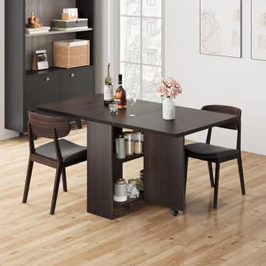IDEALHOUSE Folding Dining Table, Drop Leaf Dining Table with 6 Wheels and 2-Layer Storage Shelf, Space Saving Dining Table for Small Spaces (Dark Walnut, 50.1" D x 31.4" W x 29.5" H) - Image 4