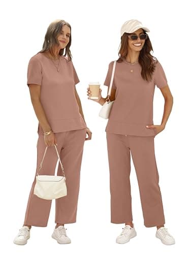 XIEERDUO Woman Lounge Sets Casual Summer Two Piece Travel Outfits Spring Fashion Short Sleeve Tracksuit Wide Leg Loungewear Beach Vacation Clothes Airport Clothing Women's Resort Wear Brown S - Image 4