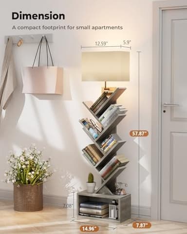 Evermagin 6 Tier Tree Bookshelf with Light, Narrow Bookcase Tower, Tall Floor Standing Book Shelf Organizer with Storage Cabinet for Living Room, Bedroom and Home Office, Gray - Image 2