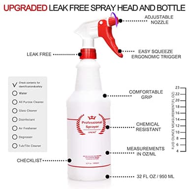 Uineko Plastic Spray Bottle (4 Pack, 32 Oz, All-Purpose) Heavy Duty Spraying Bottles Leak Proof Mist Empty Water Bottle for Cleaning Solution Planting Pet with Adjustable Nozzle and Measurements - Image 4