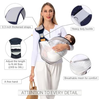 Shiaon Baby Sling Carrier, Baby Carrier Newborn to Toddler(7-45lbs), Toddler Carrier with Safety Buckle, One Shoulder Adjustable Shoulder Strap, One Size Fits All, Mesh Grey - Image 2