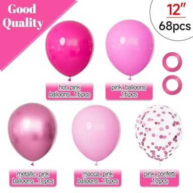 68Pcs Pink Balloons Kit 12 Inch Metallic Pink Balloon, Pink Confetti Balloon and Baby Pink Party Balloons with Ribbons for Birthday, Wedding, Baby Shower, Graduation Decorations. - Image 2