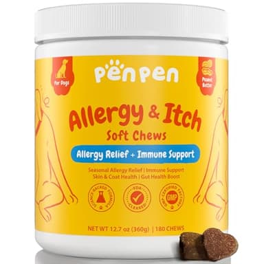 PENPENPET Dog Allergy Relief Chews, Dog Itching Skin Relief, Omega 3 for Dogs Itch Supplement, Relieve Seasonal Allergy, Provide Immune Support (Peanut Butter Chews, 180ct) - Image 1