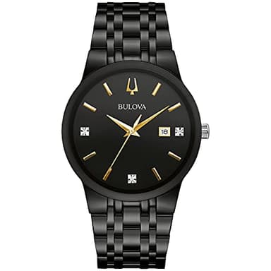 Bulova Men's Modern Black Ion-Plated Stainless Steel 3-Hand Calendar Date Quartz Watch, Gold Tone Accents and Diamond Dial, 40mm Style: 98D166 - Image 1