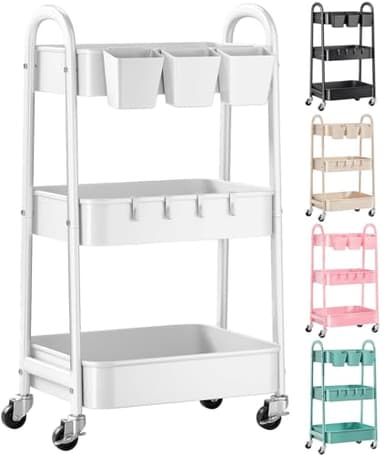 3 Tier Heavy Duty White Metal Rolling Cart with Lockable Wheels, Three Tier Roller Book Snack Cart, Utility Storage Organizer Carts for Kitchen, Bathroom, Garage, Baby Diaper, Craft, Art, Teacher - Image 1