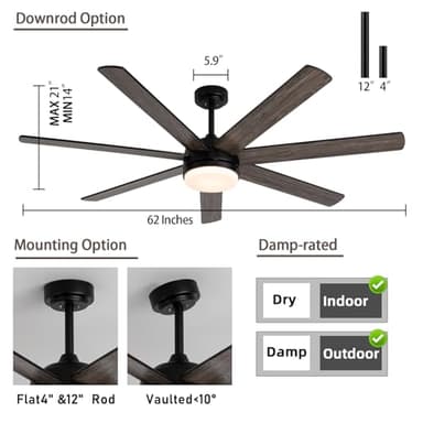 Viossn 62 Inch Outdoor Ceiling Fan with Lights, 7 Reversible Blades, Dimmable, Black with 6" & 12" Downrods for Bedroom, Living Room, Patio - Image 3