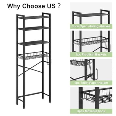 Kalrin Over-The-Toilet Storage Rack, 4-Tier Bathroom Organizer Shelf Over Toilet with Adjustable Shelf and Basket, Freestanding Space Saver Bathroom Shelves Above Toilet for Room (Pure Black) - Image 8
