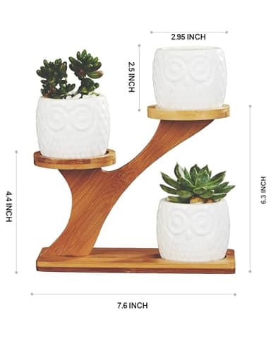 FLOWERPLUS Planter Pots Indoor, 3 Pack 3 Inch White Ceramic Decorative Small Owl Succulent Cactus Flower Plant Pot with Tree Tier Bamboo Stand for Garden Kitchen Home Office Desk Decorations - Image 2